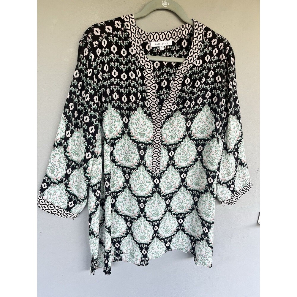 Rose + Olive Blouse 3x Black Green Floral Split Neck Boho Peasant Popover Top - Picture 3 of 15